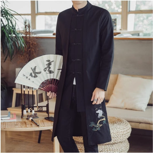 Chinese Style Men's Mid-length Cotton Linen Trench Coat Jacket Embroidered Coat