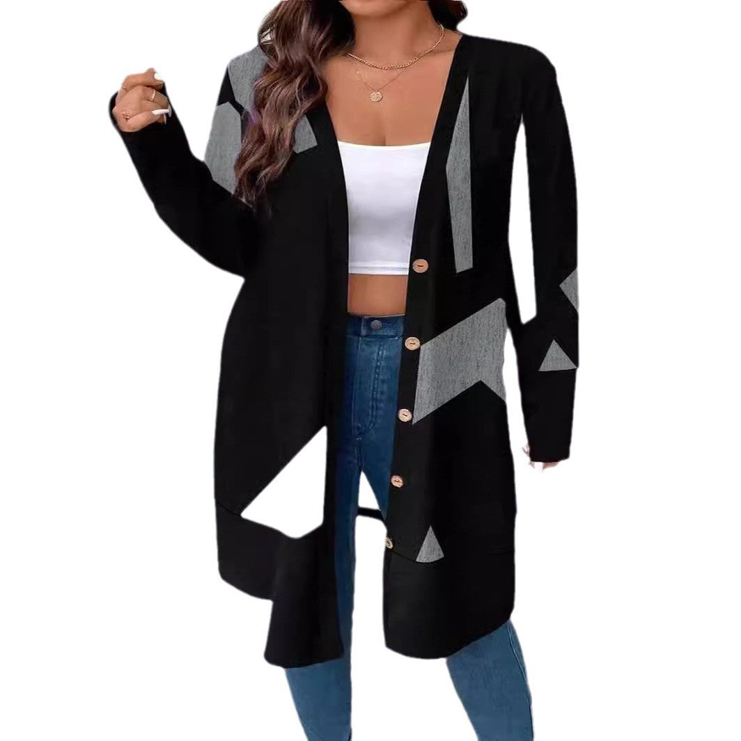 Loose Casual Plus Size Knitwear Cardigan Button Stitching Printing Coat