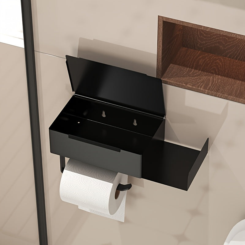 1pc Wrought Iron Bathroom Tissue Holder with Shelf - Self-Adhesive Wall Mounted Toilet Paper Roll Dispenser, Non-Drilling Installation, Multi-Functional Storage for Wet Wipes and Phone, Home Decor