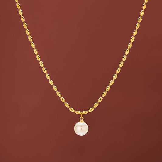 New Titanium Steel 18K Gold Milgrain Pearl Clavicle Necklace For Women