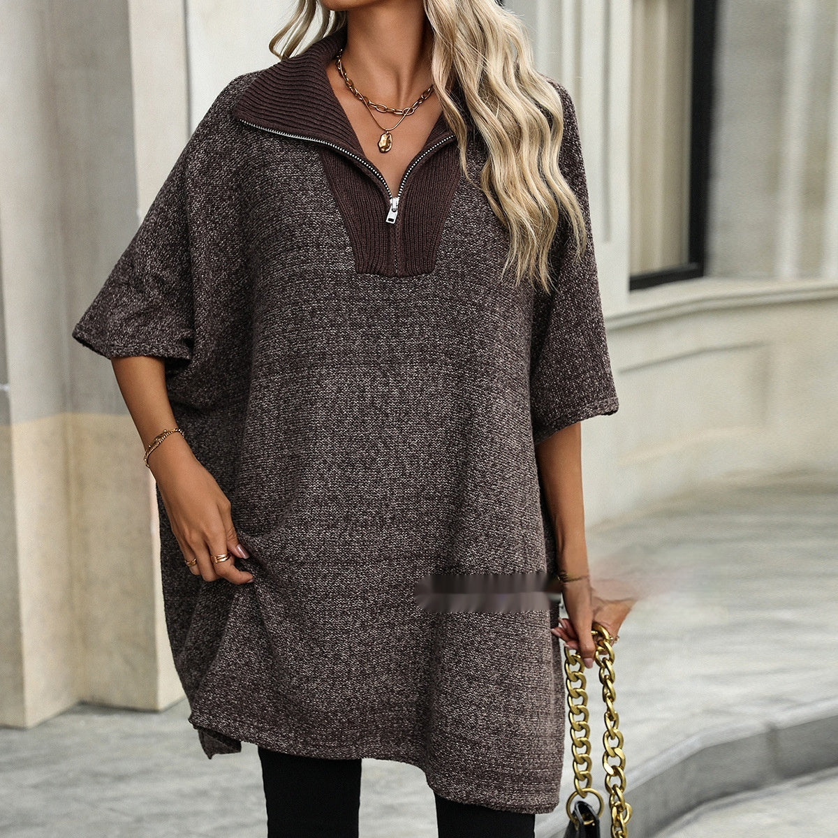 Women's Fashionable Mid-length Zipper And Lapel Sweater