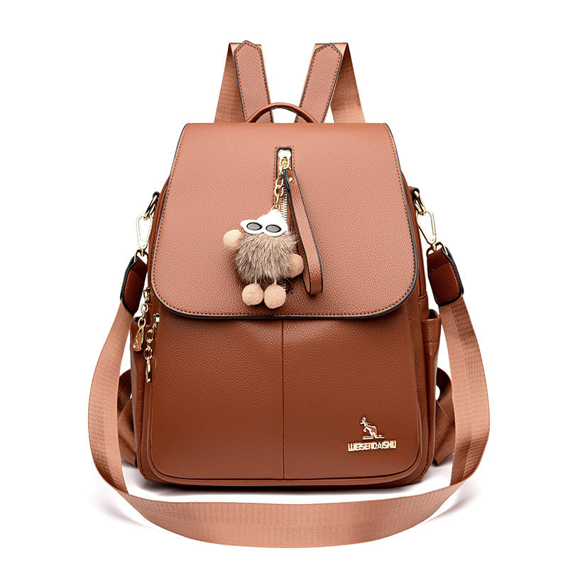 New Genuine Leather With Pendant High-value Female Student Travel Backpack