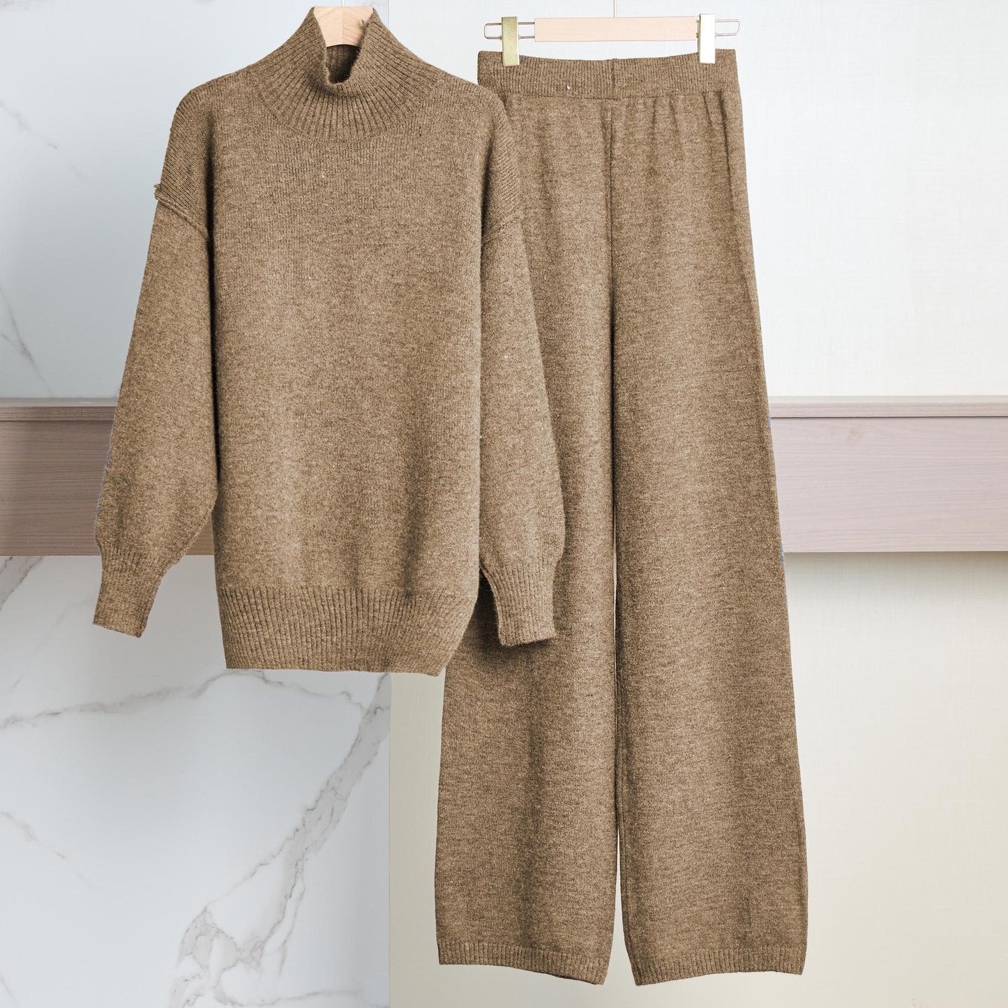Casual Laid-back Style Solid Color Loose High Collar Knitted Sweater Suit