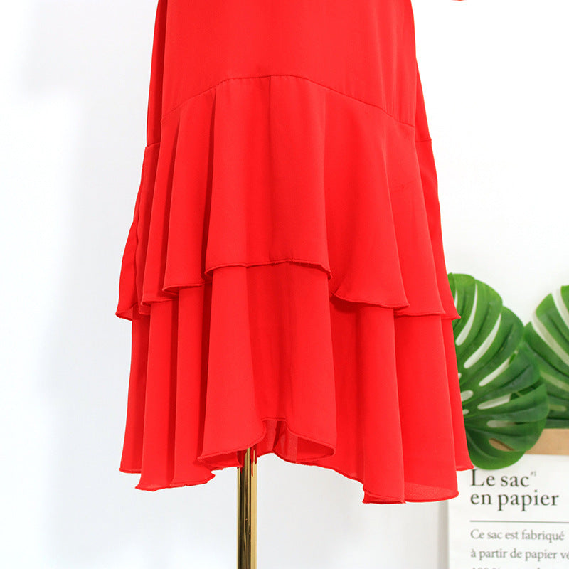 Fashion V-neck High Waist Mid-length Dress Lady Style Skirt