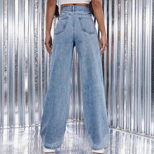 Women's Washed High Waist Straight-leg Denim Trousers