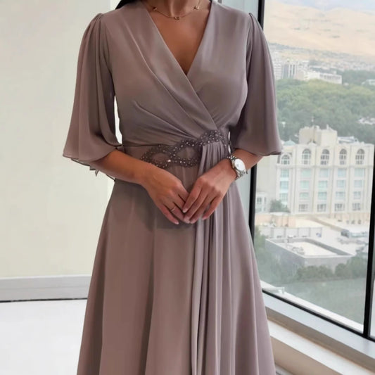 Fashionable New V-neck Pleated Women's Dress