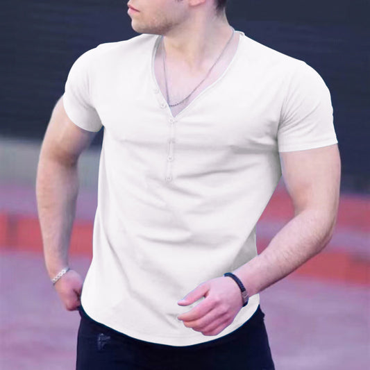 New Men's V-Neck Round Hem Casual Short Sleeve T-Shirt