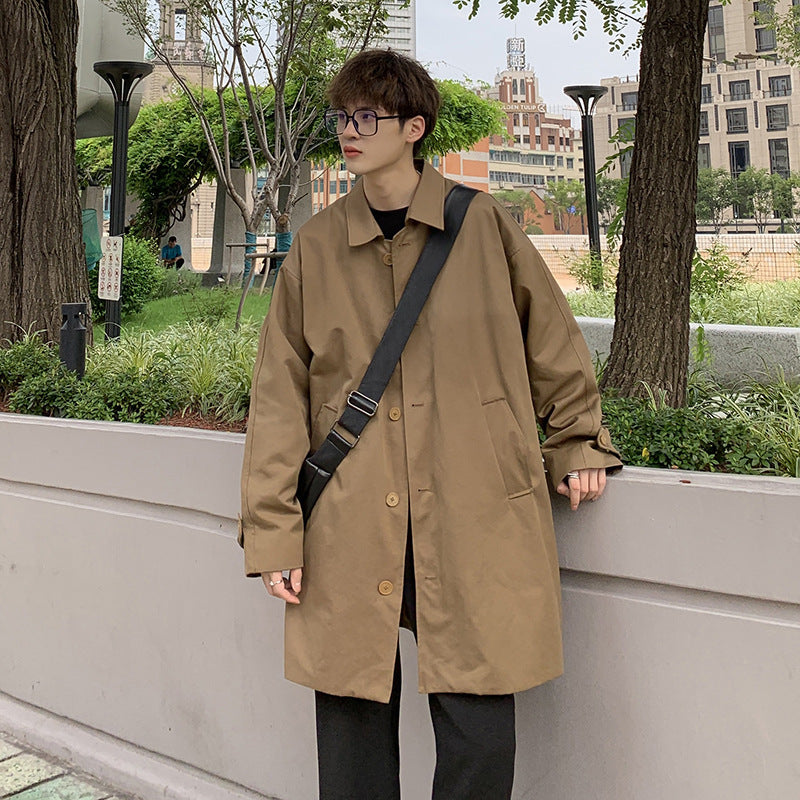 Simple Casual Trench Men's Mid-length Overhat Retro Solid Color Lady Couple Coat
