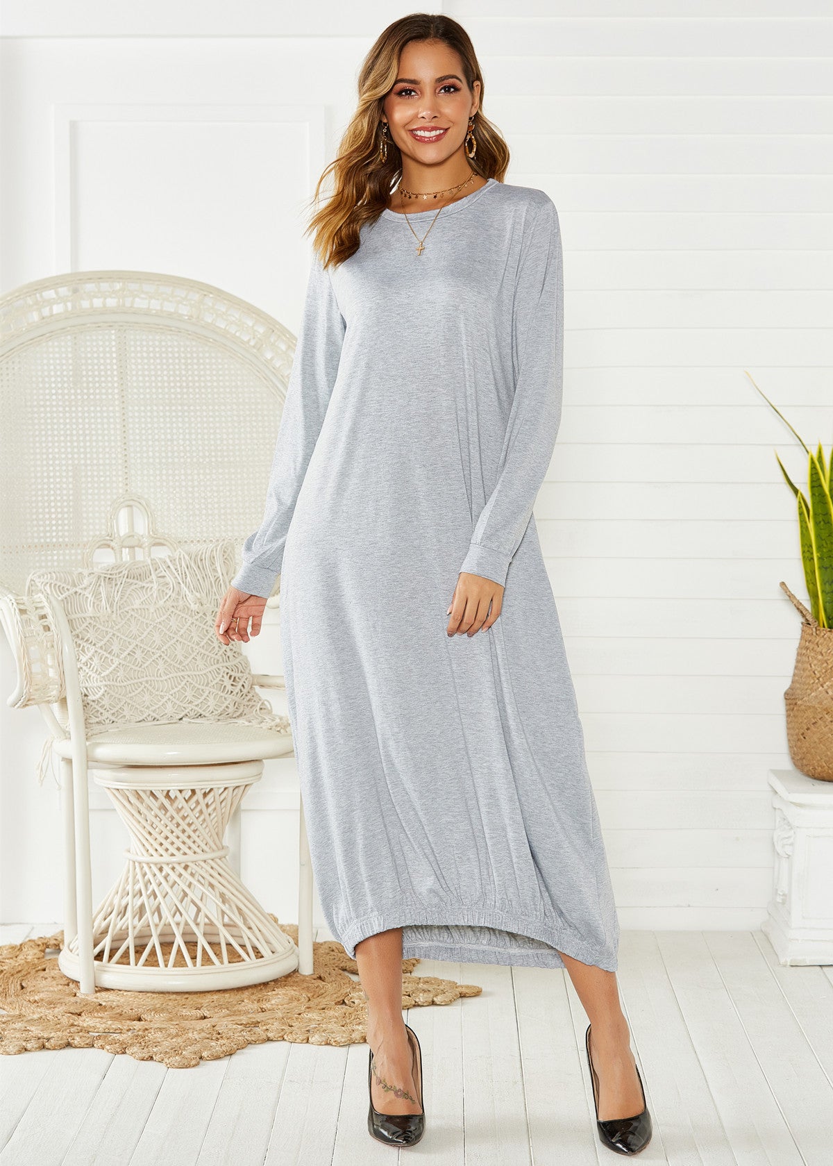 Lace-up Crew Neck Loose Long Dress