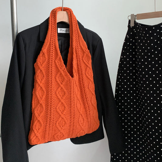 GWomen Shoulder Bags Portable Retro Hollow Knitted Woolen Yarn Bag Shoulder Tote Bag Solid Color Crochet Bag Large Capacity Shopping Tote Bags