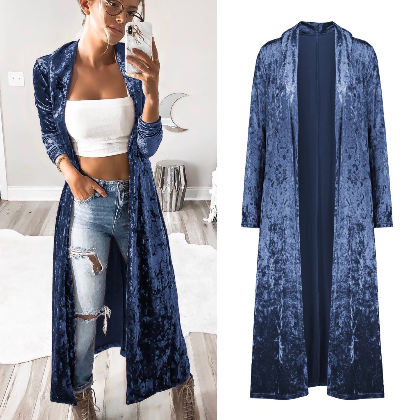 Long Sleeve Velvet Cardigan Windbreaker Long Coat Lady
