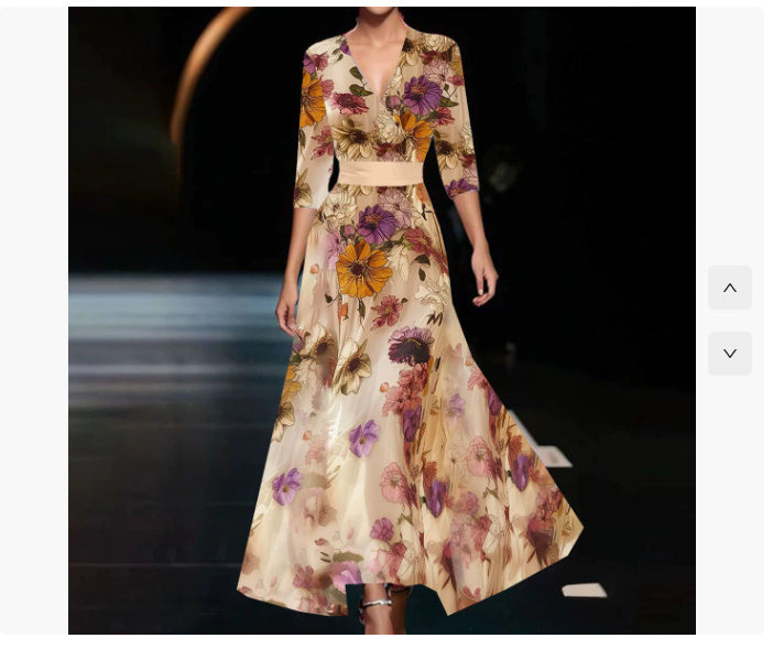 Summer V-neck Split Short-sleeved Dress Fashion Flower Print A-line Long Dresses Party Club Beach Clothing For Women