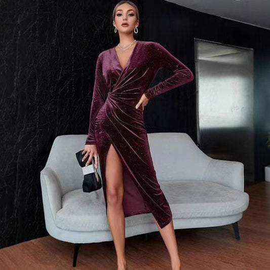 Women's Elegant V-neck Asymmetric Skirt Dress Long Sleeve Gold Velvet Evening Dresses For Christmas New Year Valentine's Day Dating