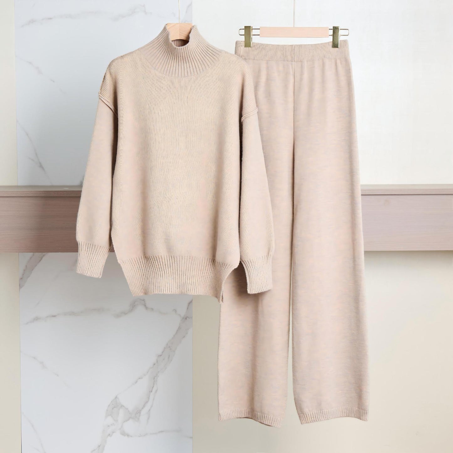 Casual Laid-back Style Solid Color Loose High Collar Knitted Sweater Suit