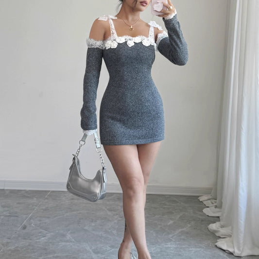 Lace Off-shoulder Oversleeves Separated Type Knitted Dress