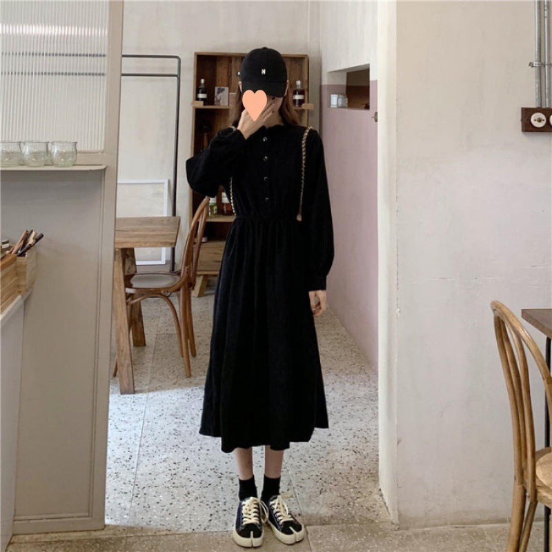 Retro Aloofness Style Mid-length Waist Fungus Long Sleeve Dress