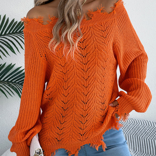 Hollow-out Long-sleeved Cut Off-the-shoulder Pullover Sweater