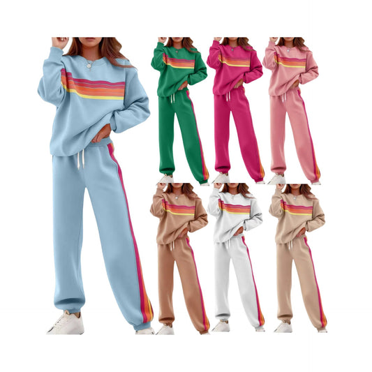 Round Neck Loose Color Stripes Elastic Waist Pants Sweater Suit