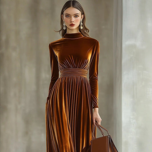 Pleuche Long Sleeve Dress Waist Slimming