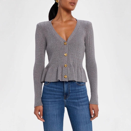 Button Ruffled Bell Sleeve Slim Fit Waist-controlled Slimming Top