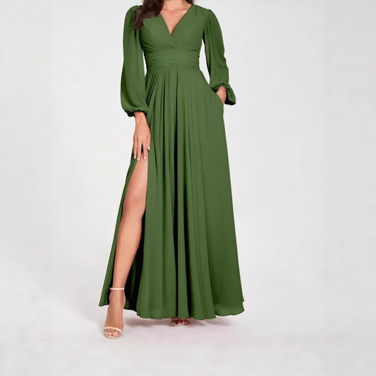 Solid Color V Neck Slit Long Sleeve Pleated Elegant Maxi Dress