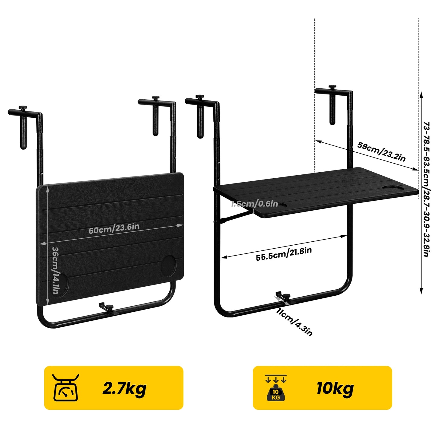 WOLTU Foldable Wall Hanging Balcony Table 3 Levels Height-Adjustable Weatherproof 60x36cm Computer Desk for Garden Outdoor