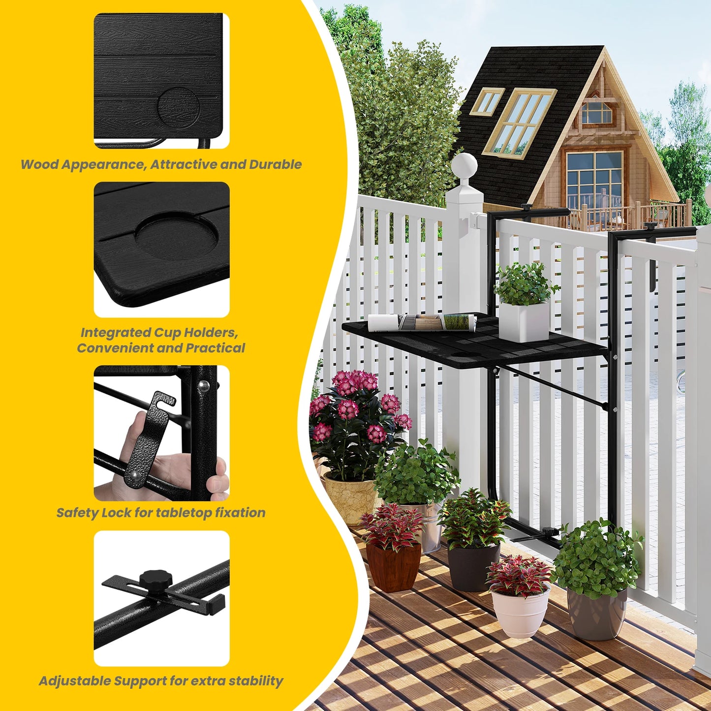 WOLTU Foldable Wall Hanging Balcony Table 3 Levels Height-Adjustable Weatherproof 60x36cm Computer Desk for Garden Outdoor