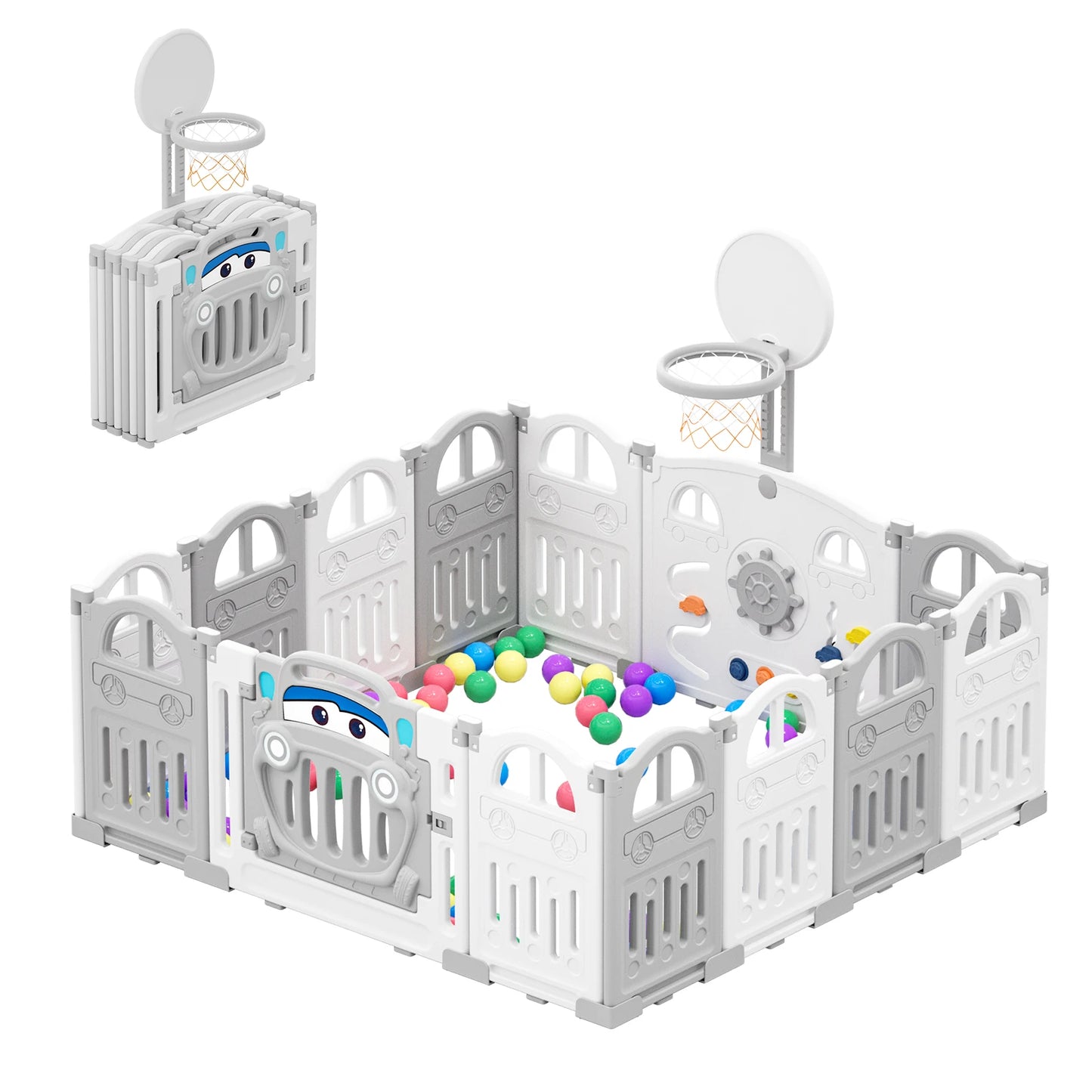 UBRAVOO Foldable Baby Playpen with Basketball Hoop & 50Pcs Coloured Pit Balls, Toddler and Baby Play pen fence, 14-Panel