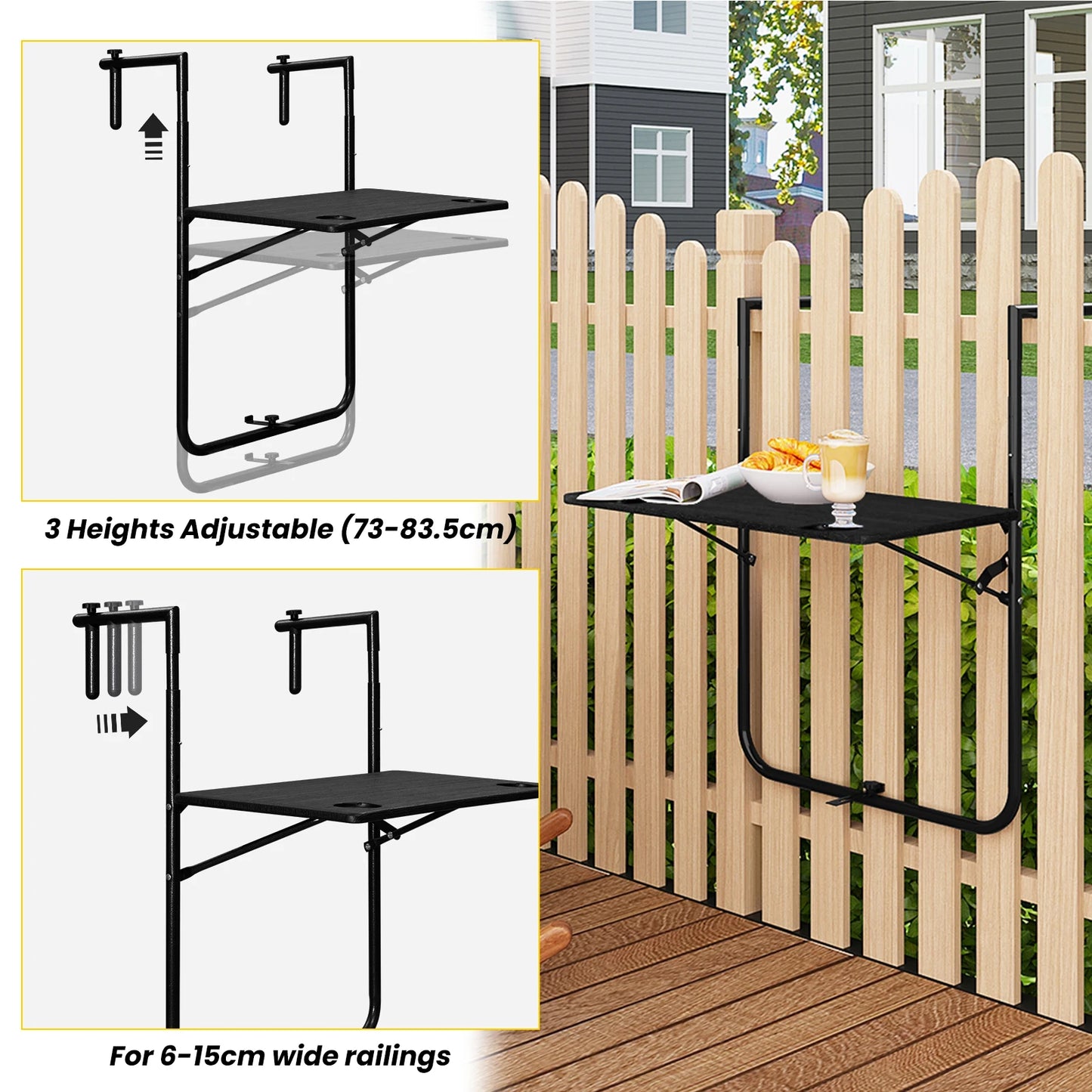 WOLTU Foldable Wall Hanging Balcony Table 3 Levels Height-Adjustable Weatherproof 60x36cm Computer Desk for Garden Outdoor