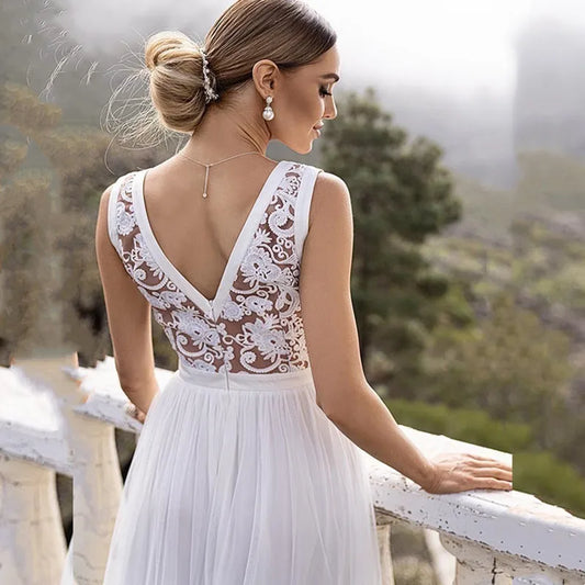 13704#A-Line Sleeveless V-Neck Bohemian Soft Tulle Lace Applique Wedding Dresses Robe De Sexy Open Back Split Bridal Gown