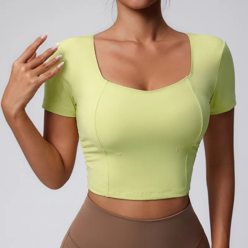 U-neck Twist Side Slim Fit Tank Top Compression Quickly Dry Short Sleeve Gym Sports Workout Top Yoga Tops