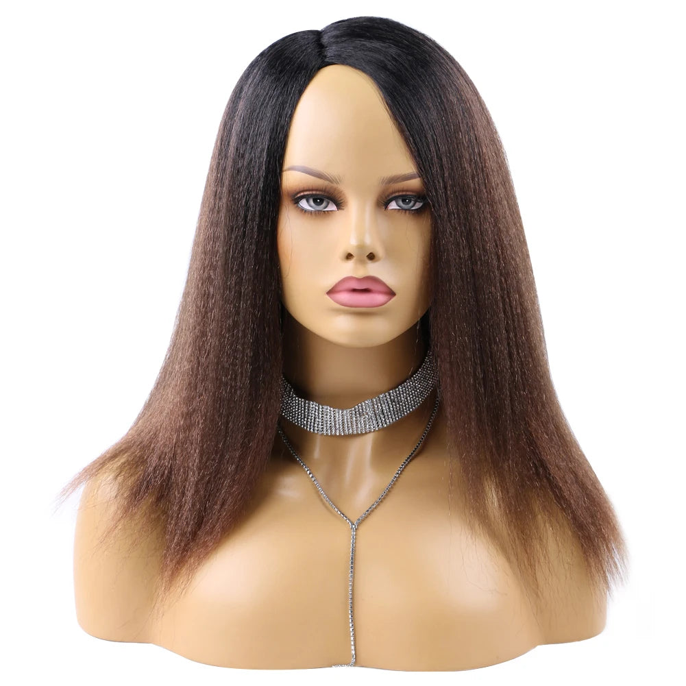 Wholesale 14 Inch Yaki Straight Afro Light Brown Lace Hair Wig Glueless Synthetic Middle Part Women Machine-Made Long Wigs
