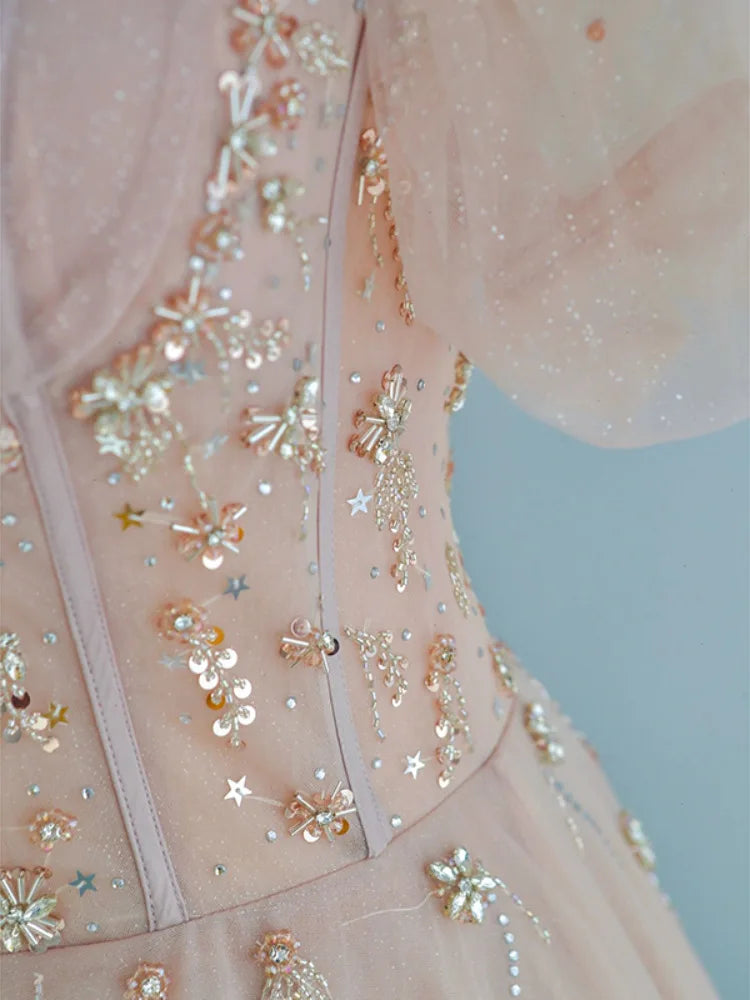 Elegant Short Puff Sleeve Beading Sequins Lace Bow A-line Lace-up Bridesmaid Dress for Girls Evening Party Dress Plus Size Women