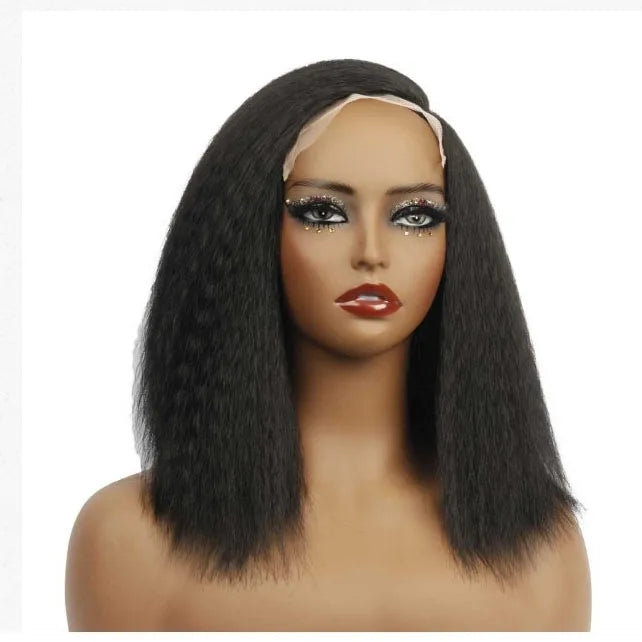 14-Inch Women's Hand Tied Synthetic Hair Wig Transparent 13*4 Frontal Bob Yaki Kinky Straight Afro Puff Side Part Side Part Yaki