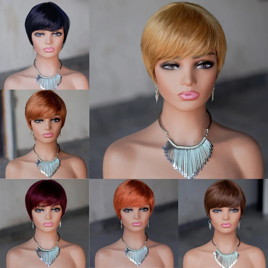 Pixie Cut Human Hair Wig Short Straight Layered Full Machine Made Wig 100% Remy Human Hair for Black Women Natural
