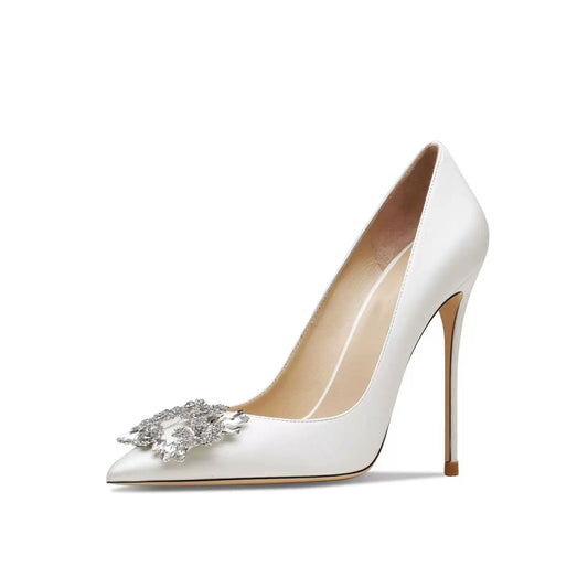 Zapatos De Mujer Elegant White Heels Sandals Pumps Shoes Thin Heel Bridal Wedding Heeled Shoes Flat Feature Bling Rhinestone