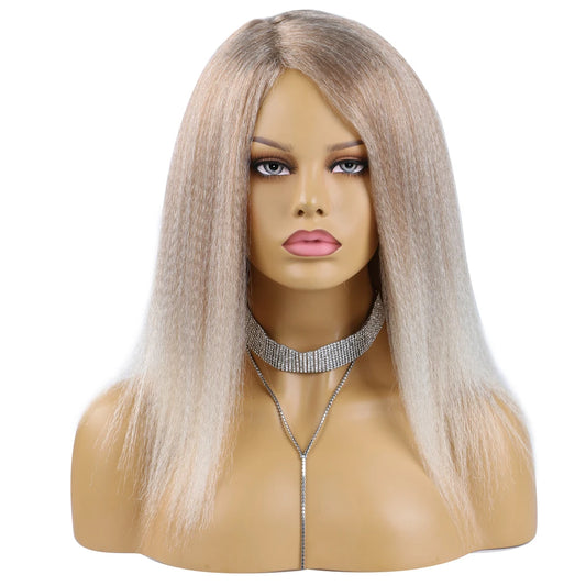 Wholesale 14 Inch Yaki Straight Afro Light Brown Lace Hair Wig Glueless Synthetic Middle Part Women Machine-Made Long Wigs