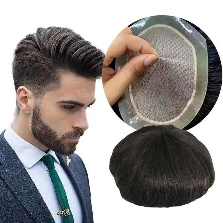 Wholesale Swiss Lace Human Hair Toupee With Thin Skin PU Invisible Front Hairline Glossy Hair Wig for Men