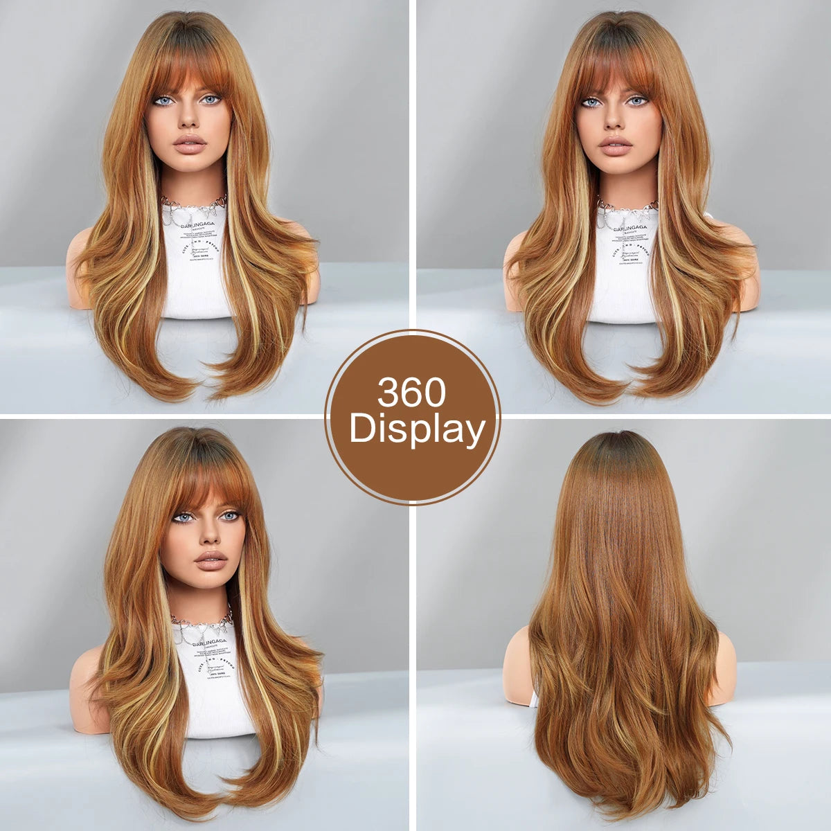 Long Curly Synthetic Wig with Bangs Highlights Honey Brown Hair Wig for Women Natural Matte Heat-resistant Fiber Hair