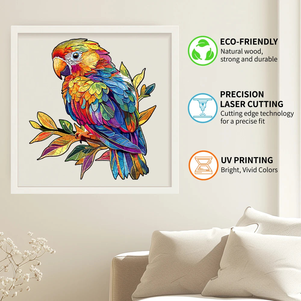 Laser Cutting Colourful Parrot Theme Wooden Jigsaw Puzzle Irregularly Shaped Puzzle Piece Animal 3D Jigsaw Puzzle