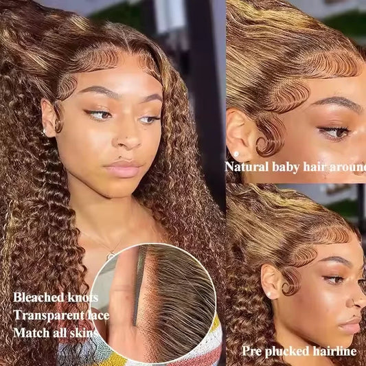 4/27 Highlight Ombre Honey Blonde Kinky Curly 13x4 HD Transparent Lace Front Wigs for Black Women Brazilian Human Hair Wig