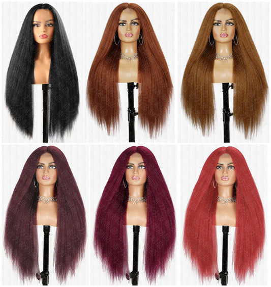 32-Inch Middle Center Part Hair Wig Yaki Kinky Straight Afro Synthetic Fiber Glueless Machine-Made Wigs Women