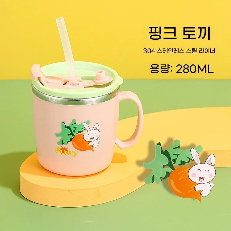 Stock 304 Stainless Steel Children's Water Cup with Cover Double Anti-scalding Anti-drop Cartoon Milk Cup Straw Thermos Cup