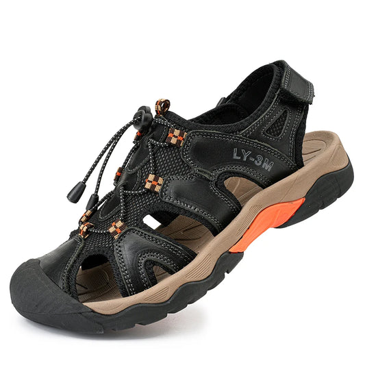 OEM Service Factory Supply Hand Made Anti Slip Comfortable Large Size Close Toe Summer Cow Genuine Leather Sandals for Men