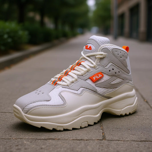 Fila Men's Ranger Boot Shoes High Cut Retro Style Cream Orange PU Upper Mesh Lining Lace Up Sporty Walking Sneakers