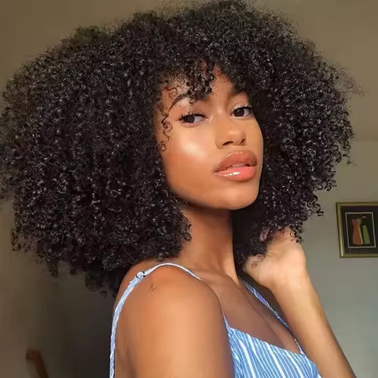 180 Density Kinky Curly Short Bob Human Hair Wig with Bangs Raw Brazilian Virgin Human Hair Afro Kinky Curly Wig for Black Women
