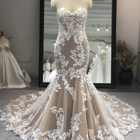 RL014 Latest Design Mermaid Wedding Dress Sexy Tube Top Lace Double Sided Embroidered Plus Size Wedding Dress