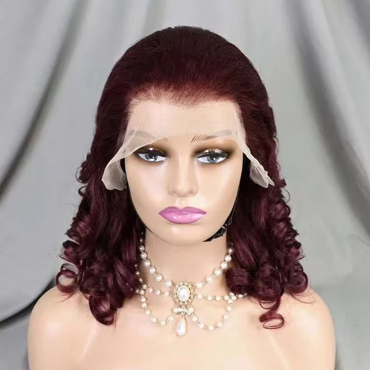 Wholesale 13*4 Full Frontal Lace Spring Curly Brazilian Wig 16 Inch 220% Density 99J Raw Human Hair Wig for Black Women