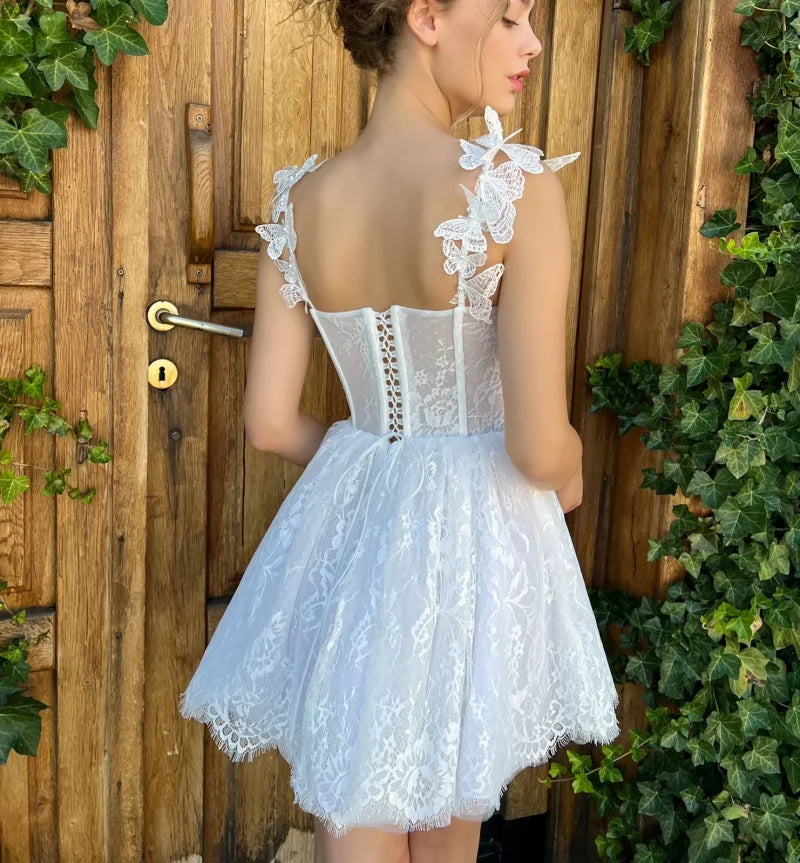 New Appliques Lace Pearls Butterfly Spaghetti Straps Wedding Dress Mini Prom Evening Dress Custom Plus Size Women Formal Dress