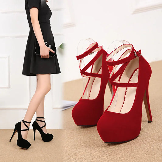 14cm Thin Heels Shallow Fashion Models Platform Pumps Bride Elegant Round Toe Party Full Dress Sexy Exotic Cross Dressing Flock
